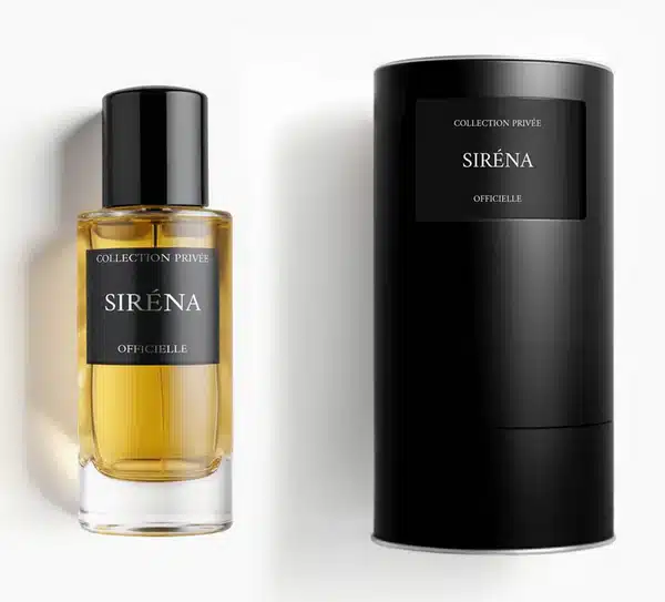 Siréna Collection Privée Officielle : Parfum de Luxe Élégant Parfum Siréna Collection Privée Officielle avec son flacon en verre doré et son étui cylindrique noir élégant.