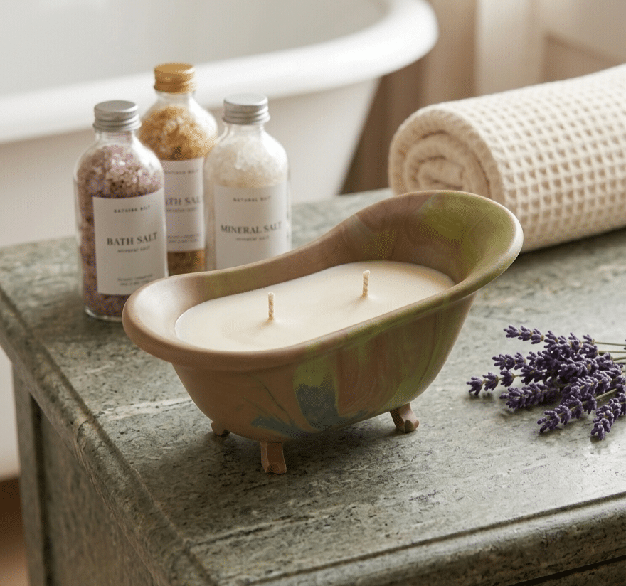 Bougie Baignoire et Sels de Bain : Décoration Spa Bougie baignoire, sels de bain et lavande sur pierre verte. Décor spa relaxant.