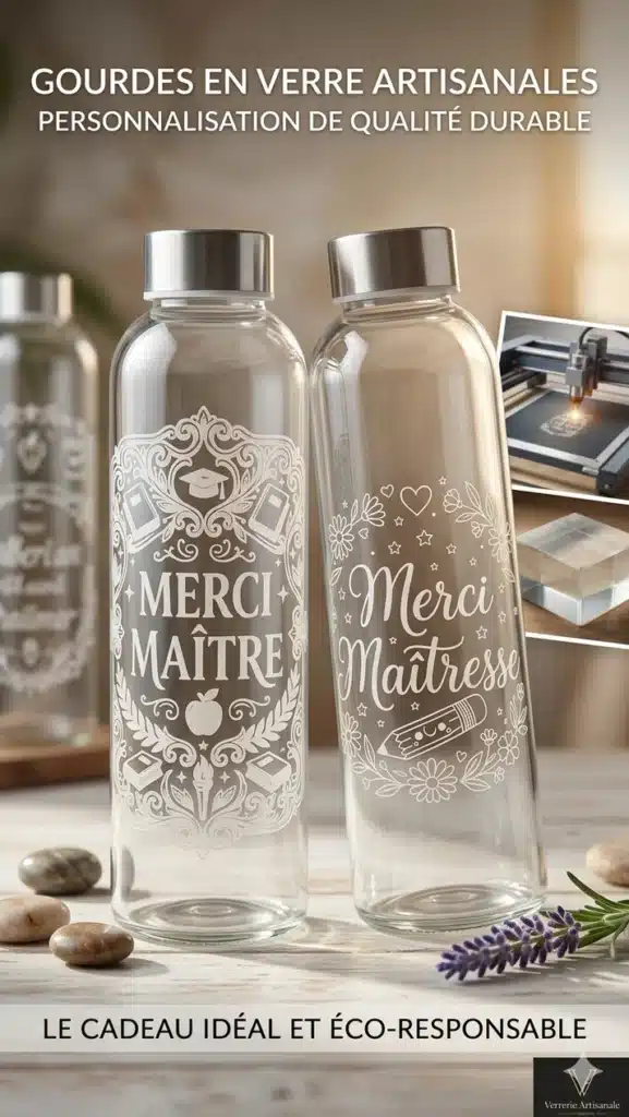 Gourde verre personnalisée Merci Maître et Maîtresse Gourdes en verre artisanales gravées Merci Maître et Maîtresse, cadeau idéal et éco-responsable.