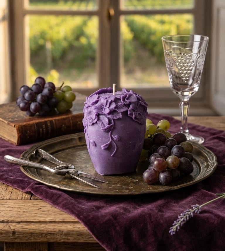 Bougie Artisanale Violette et Décoration de Vigne Bougie florale violette, raisins et livre ancien sur plateau, vue sur un vignoble ensoleillé.