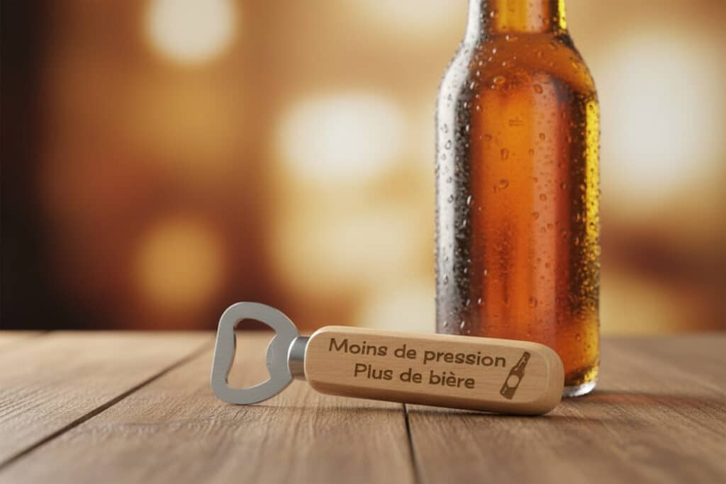 Décapsuleur bois gravé : Moins de pression, plus de bière Décapsuleur bois gravé 'Moins de pression Plus de bière' devant une bouteille fraîche sur table en bois.
