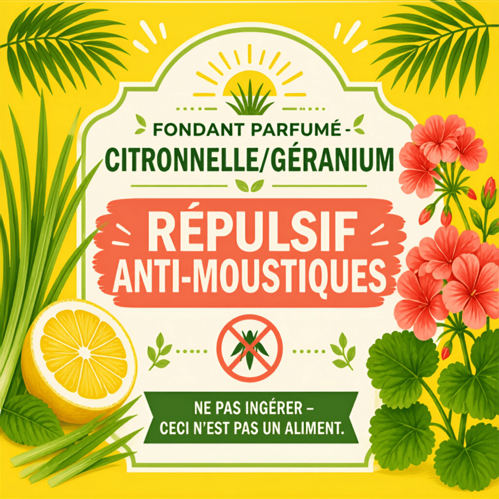 Citronnelle & Géranium : Fondant Répulsif Anti-moustiques Fondant parfumé citronnelle/géranium répulsif anti-moustiques, décor jaune avec citron et fleurs de géranium.