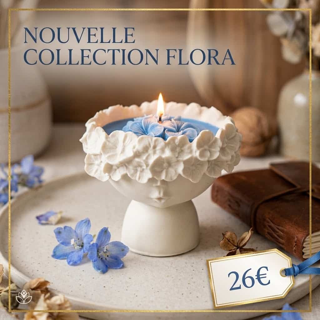Bougie Collection Flora : Décoration Artisanale et Élégante Bougie Nouvelle Collection Flora à 26€. Récipient visage blanc, fleurs sculptées et cire bleue hydrangea.