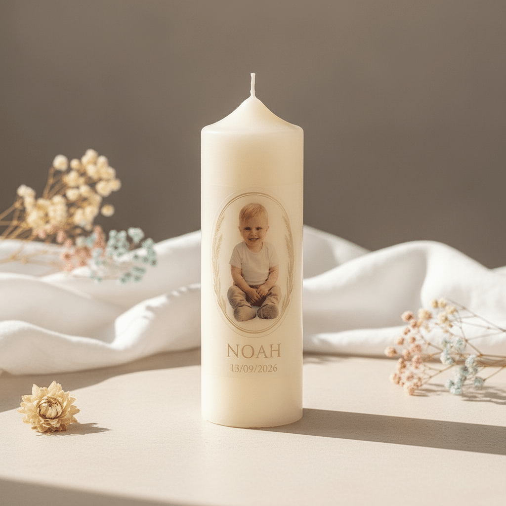 Bougie de Baptême Personnalisée Photo Noah - Cadeau Unique Bougie de baptême personnalisée avec photo de Noah et date 13/09/2026, entourée de fleurs séchées délicates.
