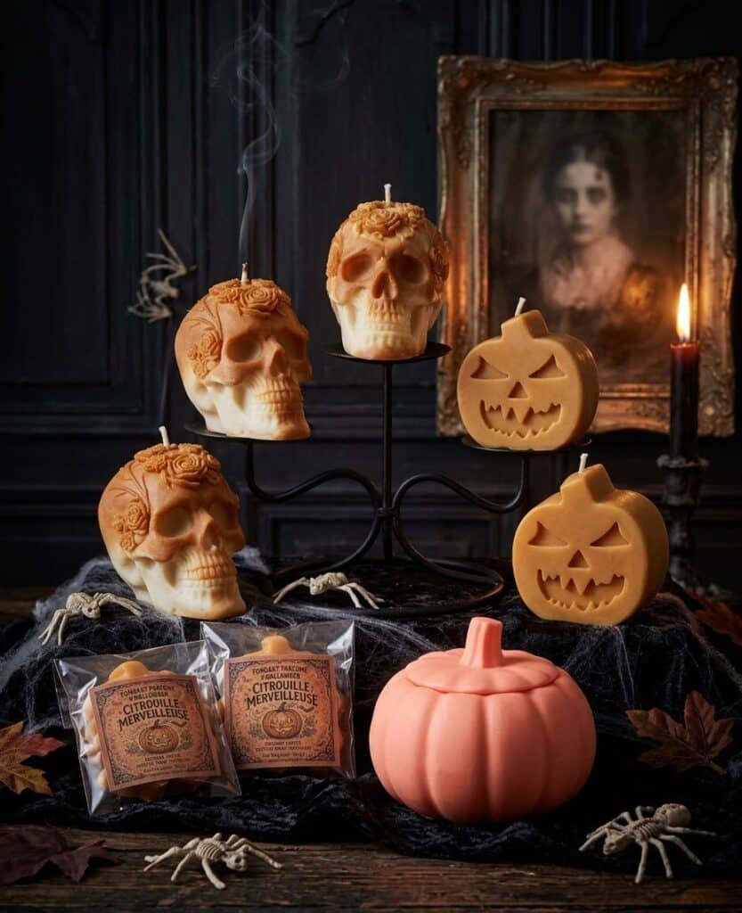 Bougies Halloween Crânes et Citrouilles : Décor Gothique Bougies d'Halloween en forme de crânes et citrouilles sur support noir, avec étiquettes Citrouille Merveilleuse.